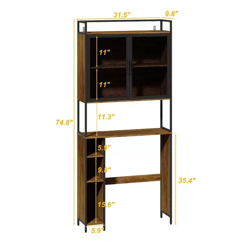 Industrial Bathroom Storage Rack with Metal Mesh Doors and Over-The-Toilet Design