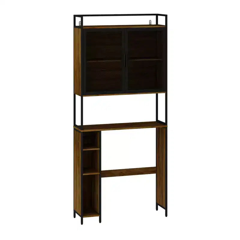 Industrial Bathroom Storage Rack with Metal Mesh Doors and Over-The-Toilet Design