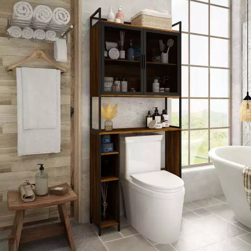 Industrial Bathroom Storage Rack with Metal Mesh Doors and Over-The-Toilet Design