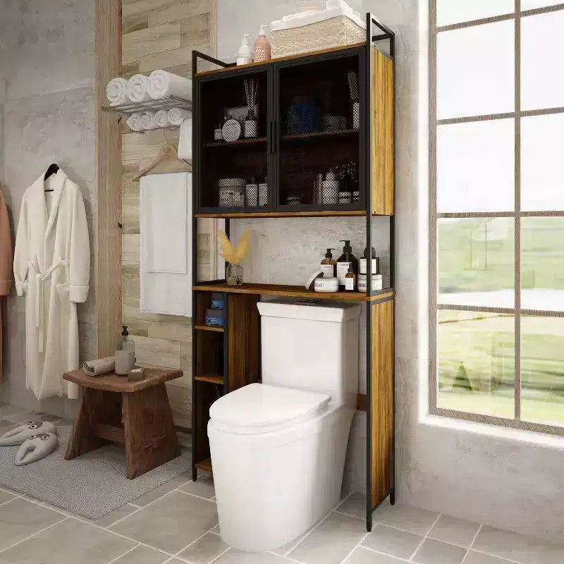 Industrial Bathroom Storage Rack with Metal Mesh Doors and Over-The-Toilet Design