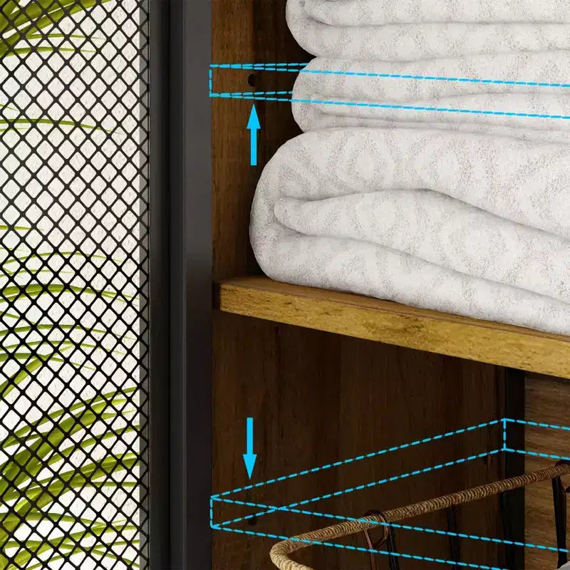 Industrial Bathroom Storage Rack with Metal Mesh Doors and Over-The-Toilet Design