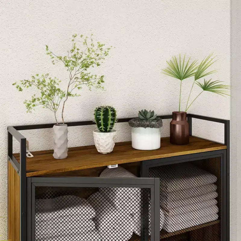 Industrial Bathroom Storage Rack with Metal Mesh Doors and Over-The-Toilet Design