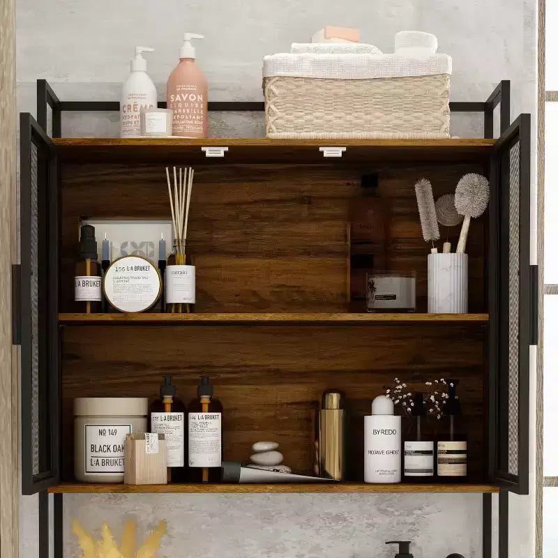 Industrial Bathroom Storage Rack with Metal Mesh Doors and Over-The-Toilet Design