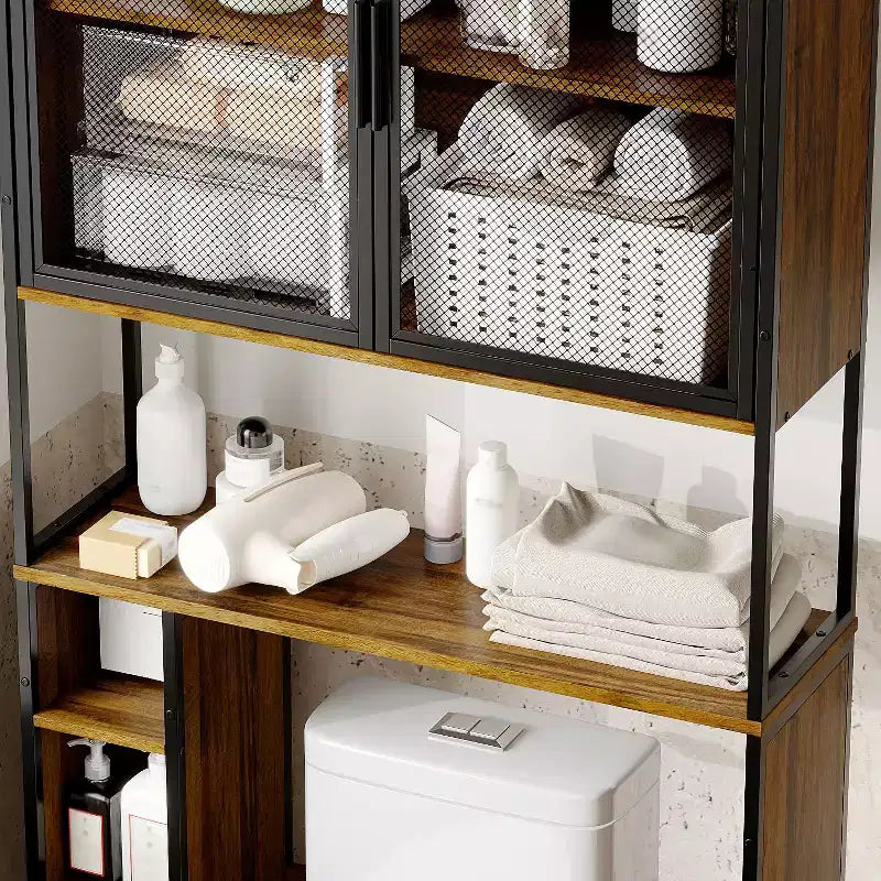 Industrial Bathroom Storage Rack with Metal Mesh Doors and Over-The-Toilet Design
