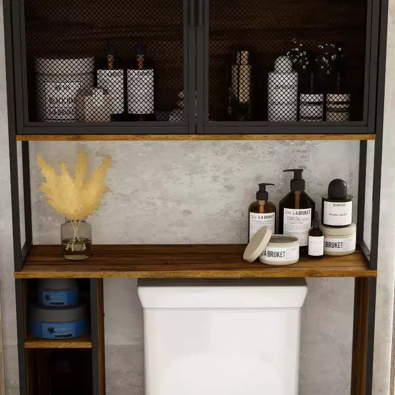 Industrial Bathroom Storage Rack with Metal Mesh Doors and Over-The-Toilet Design
