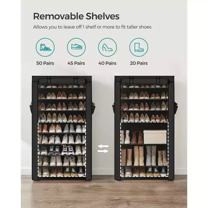 9-Tier Shoe Rack with Nonwoven Fabric Cover, Shoe Storage Shelf for 40-50 Pairs