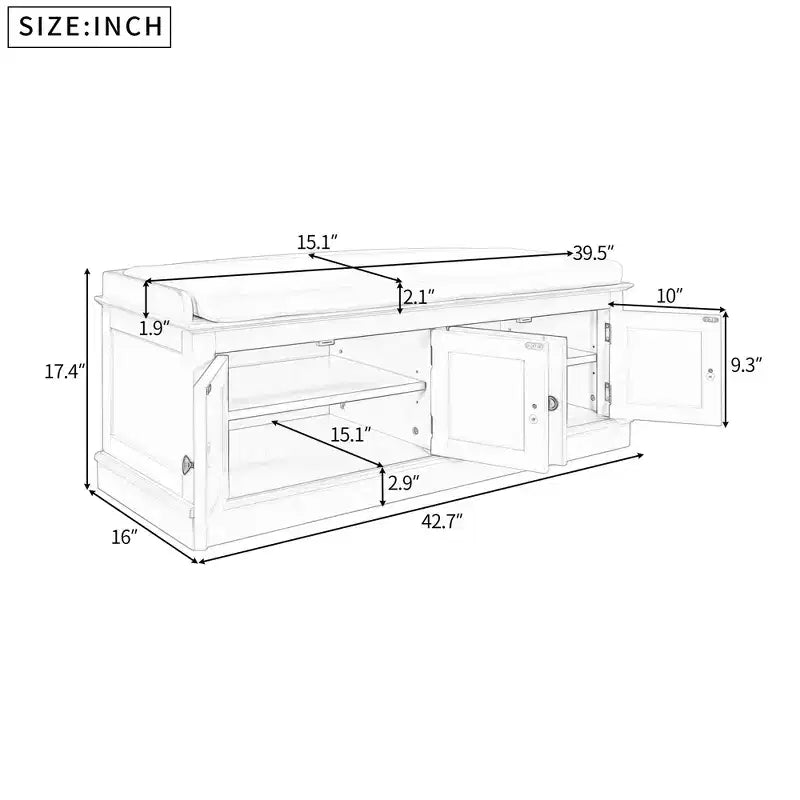 Classic Style Storage Bench with 4 Doors and Adjustable Shelves