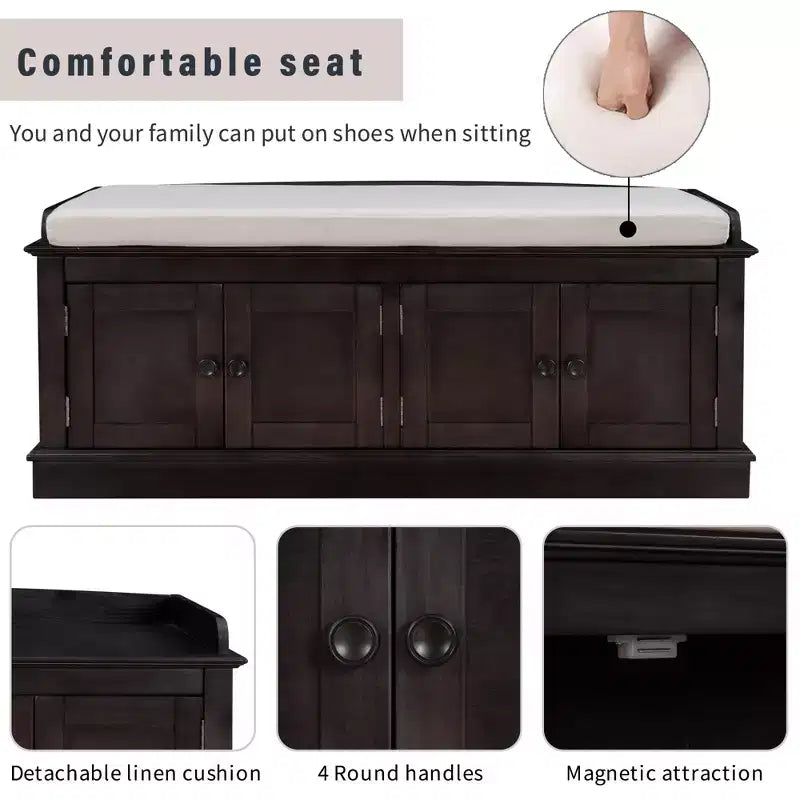 Classic Style Storage Bench with 4 Doors and Adjustable Shelves