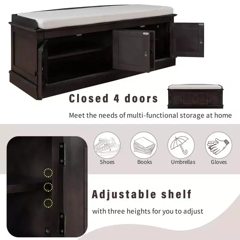 Classic Style Storage Bench with 4 Doors and Adjustable Shelves