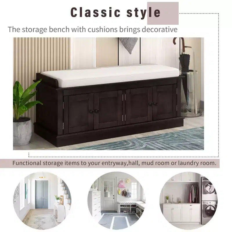 Classic Style Storage Bench with 4 Doors and Adjustable Shelves