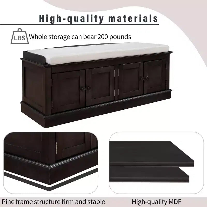 Classic Style Storage Bench with 4 Doors and Adjustable Shelves