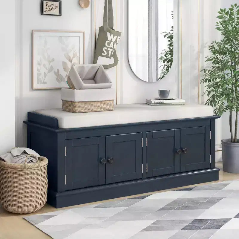 Classic Style Storage Bench with 4 Doors and Adjustable Shelves