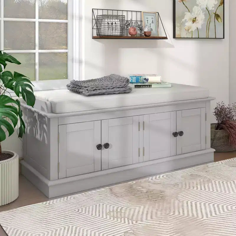 Classic Style Storage Bench with 4 Doors and Adjustable Shelves