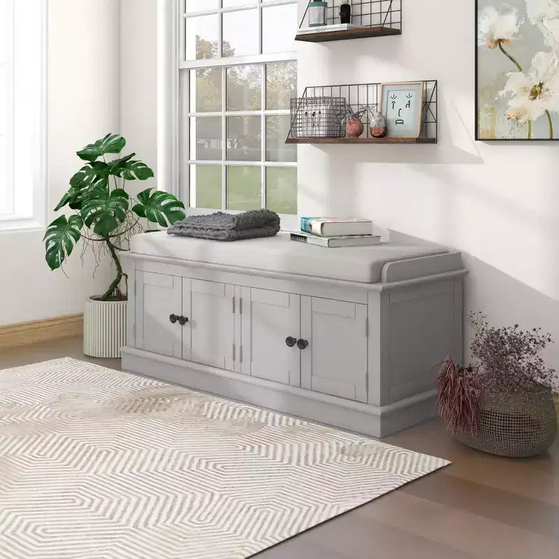 Classic Style Storage Bench with 4 Doors and Adjustable Shelves