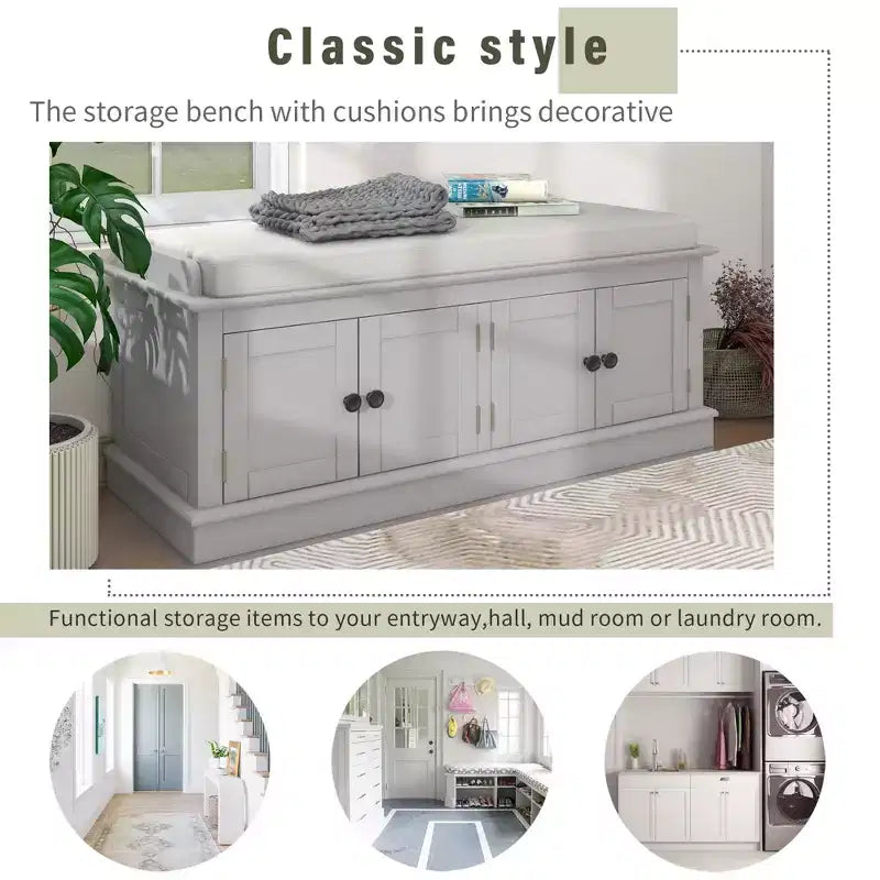 Classic Style Storage Bench with 4 Doors and Adjustable Shelves