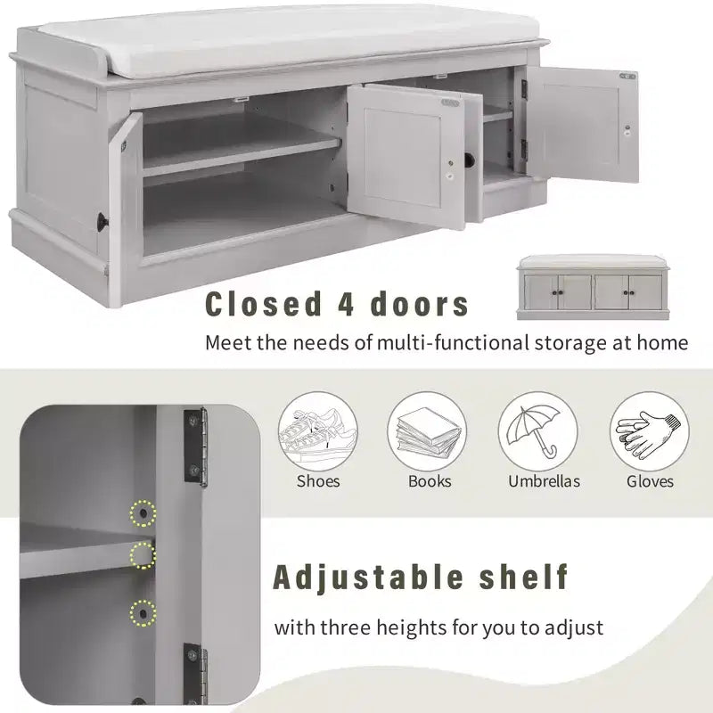 Classic Style Storage Bench with 4 Doors and Adjustable Shelves