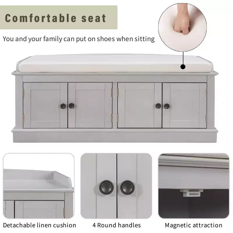 Classic Style Storage Bench with 4 Doors and Adjustable Shelves