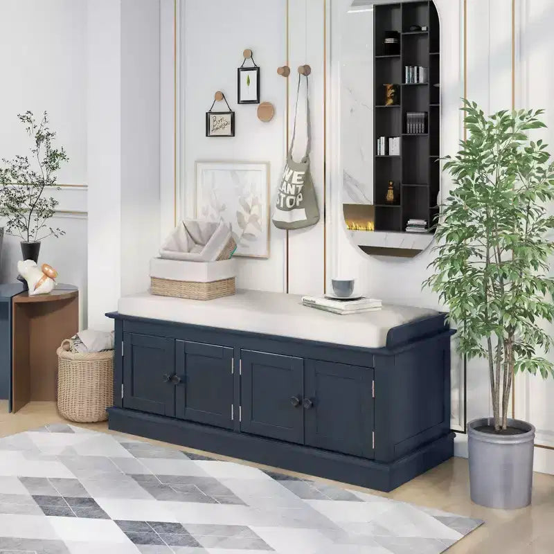 Classic Style Storage Bench with 4 Doors and Adjustable Shelves