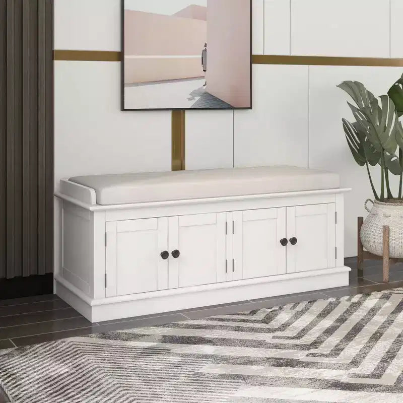 Classic Style Storage Bench with 4 Doors and Adjustable Shelves