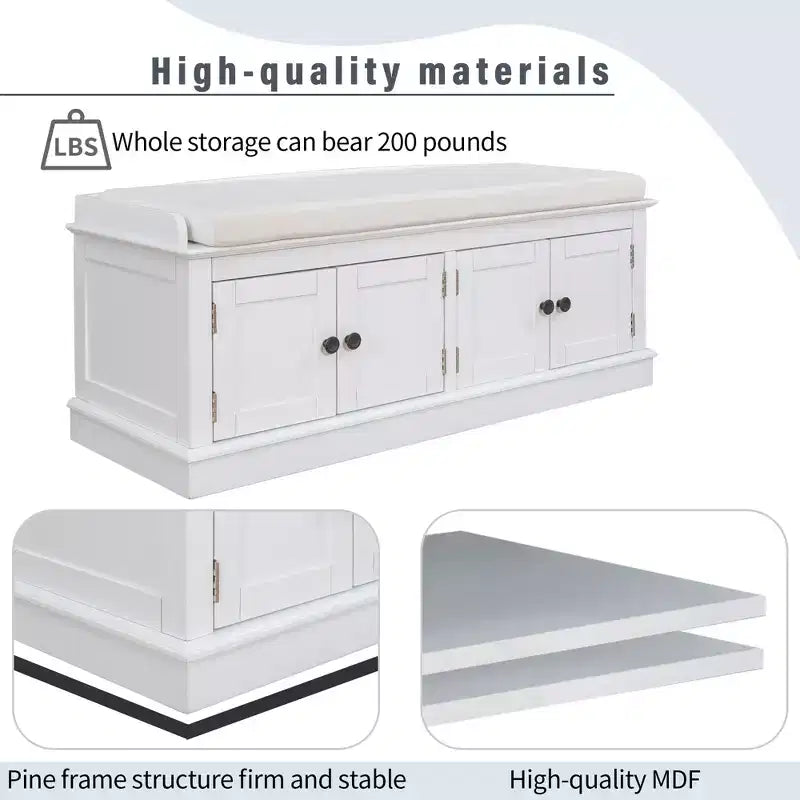Classic Style Storage Bench with 4 Doors and Adjustable Shelves