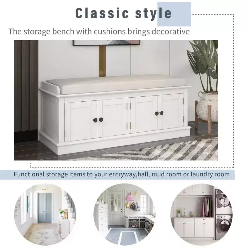 Classic Style Storage Bench with 4 Doors and Adjustable Shelves