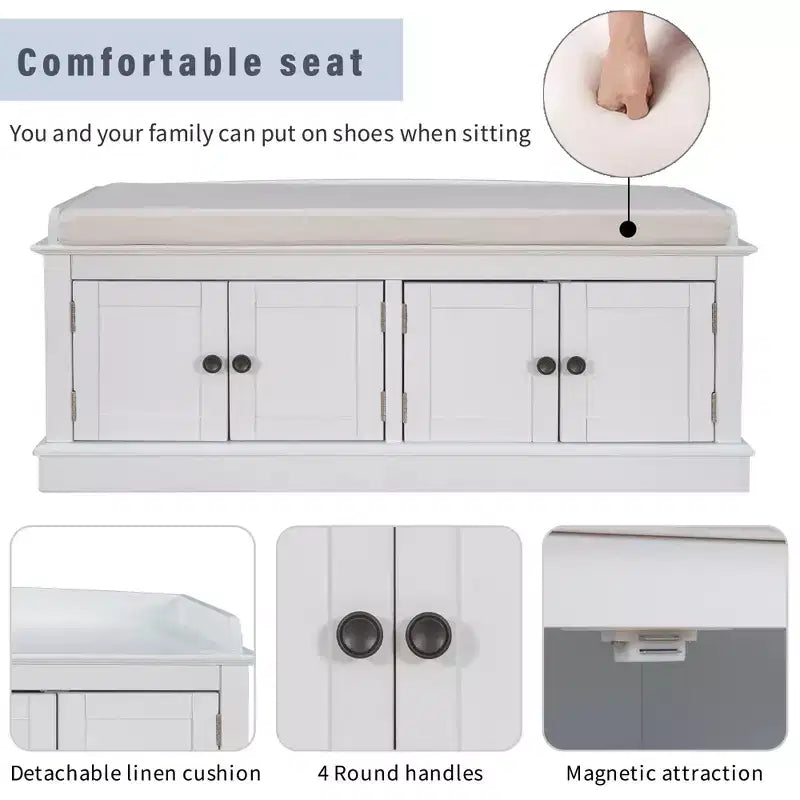 Classic Style Storage Bench with 4 Doors and Adjustable Shelves