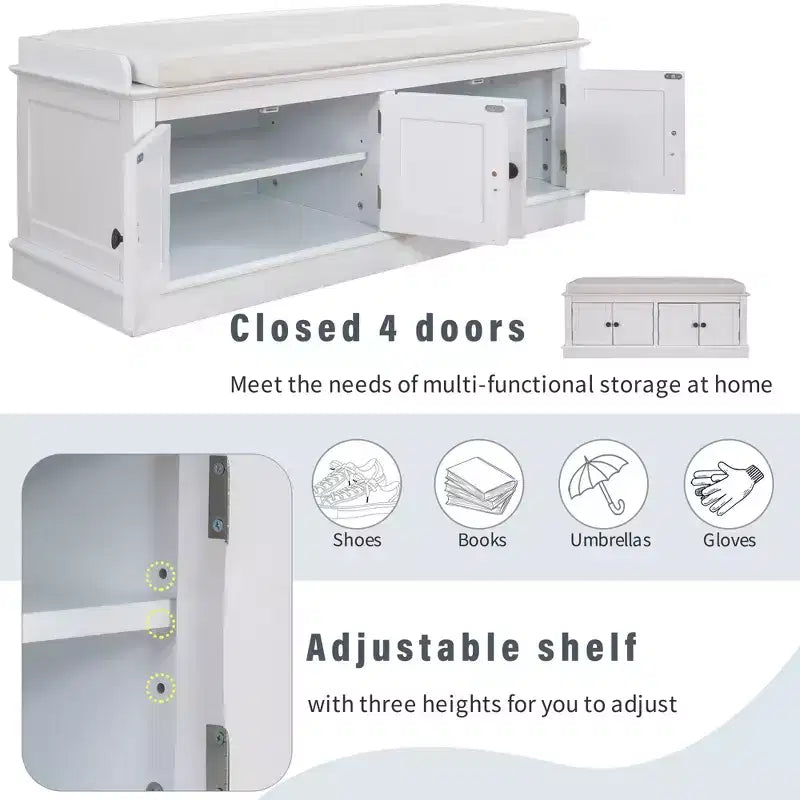Classic Style Storage Bench with 4 Doors and Adjustable Shelves