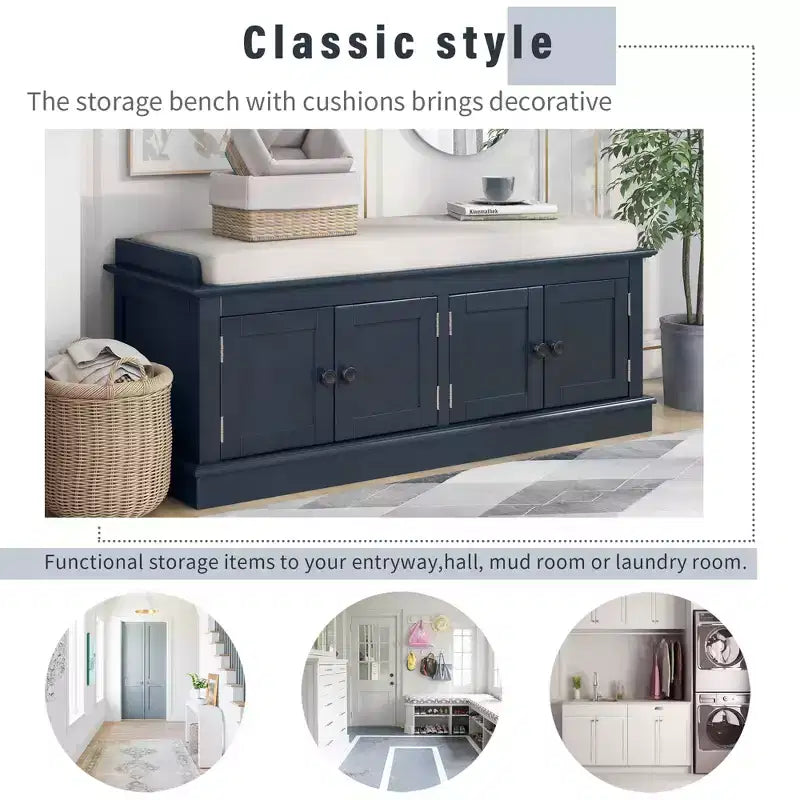 Classic Style Storage Bench with 4 Doors and Adjustable Shelves