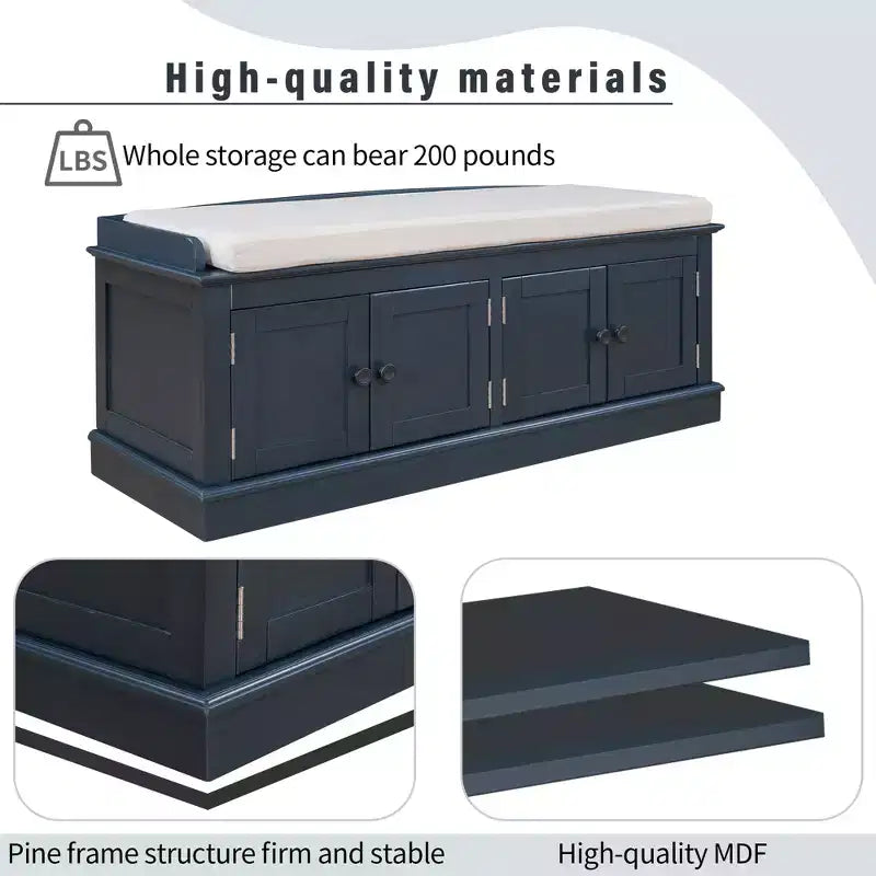 Classic Style Storage Bench with 4 Doors and Adjustable Shelves