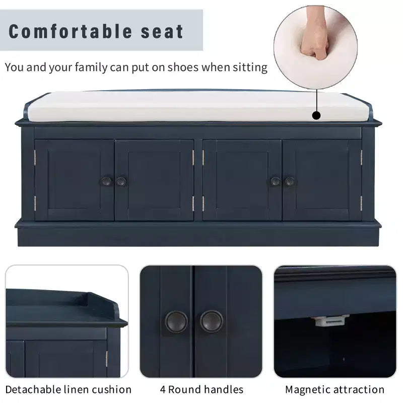 Classic Style Storage Bench with 4 Doors and Adjustable Shelves