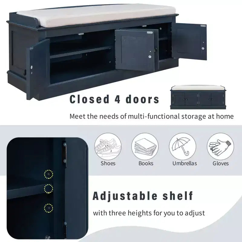 Classic Style Storage Bench with 4 Doors and Adjustable Shelves