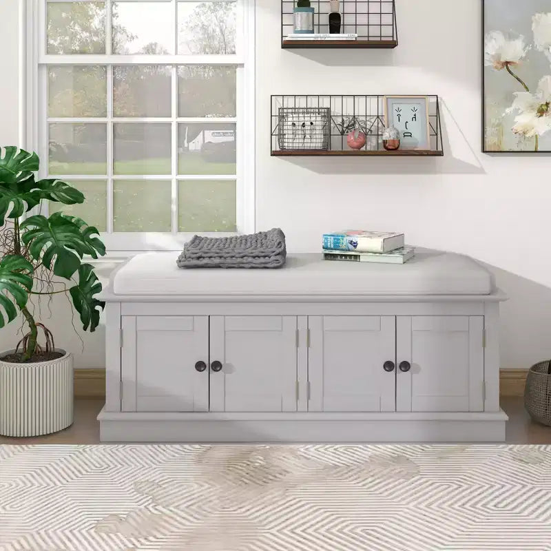 Classic Style Storage Bench with 4 Doors and Adjustable Shelves