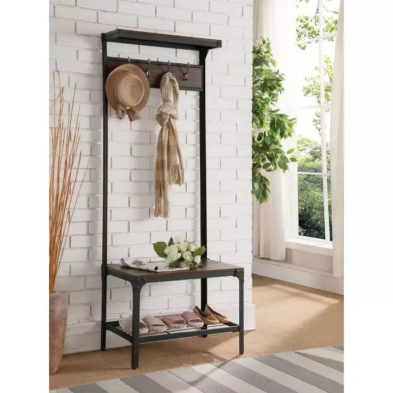 Kings Brand Furniture 3-in-1 Hall Tree with Coat Rack, Shoe Bench & Storage Shelf  Entryway Organizer with 9 Hooks, Black/Walnut, Easy Assembly