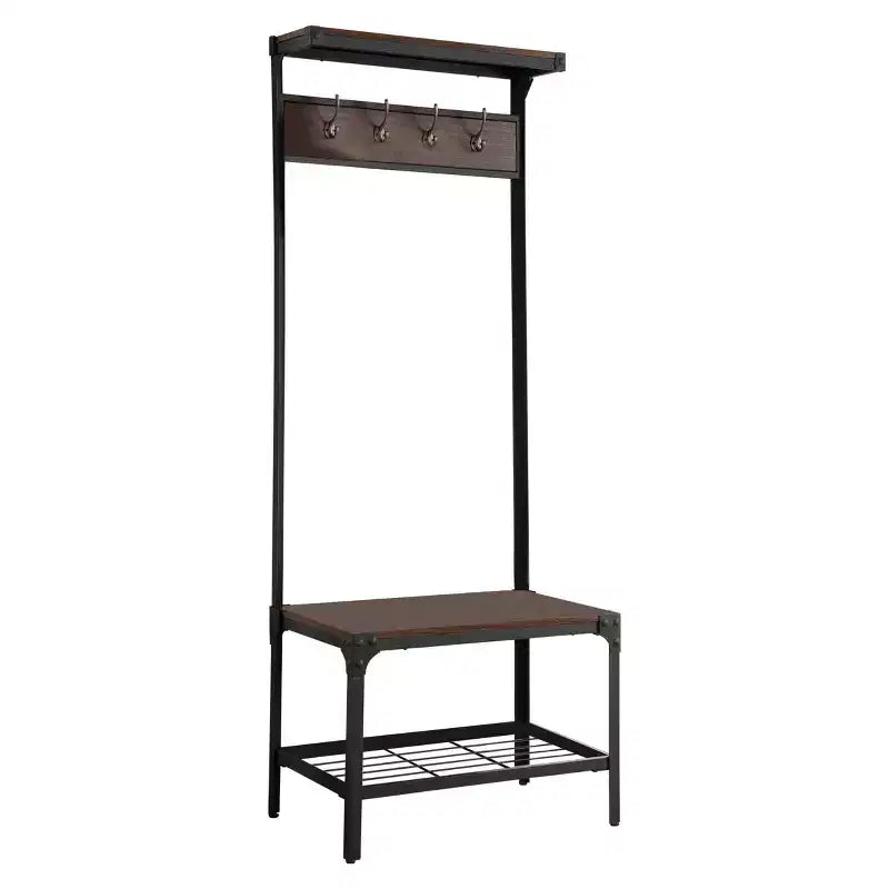 3-in-1 Hall Tree with Coat Rack, Shoe Bench & Storage Shelf – Entryway Organizer with 9 Hooks, Black/Walnut