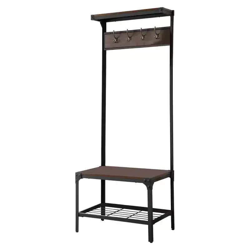 3-in-1 Hall Tree with Coat Rack, Shoe Bench & Storage Shelf – Entryway Organizer with 9 Hooks, Black/Walnut