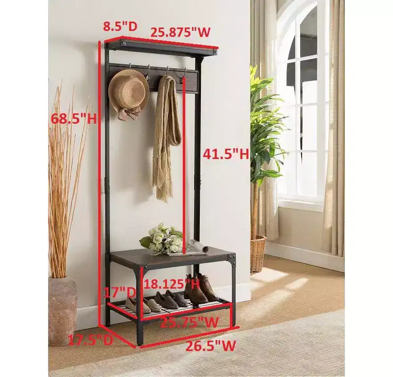 3-in-1 Hall Tree with Coat Rack, Shoe Bench & Storage Shelf – Entryway Organizer with 9 Hooks, Black/Walnut