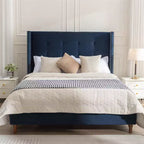 Upholstered Queen Bed, Platform Bed Frame / 54 High Headboard / Traditional Hand Buttoned Tufting / Nailhead Trim Wingback / No Box Spring Needed