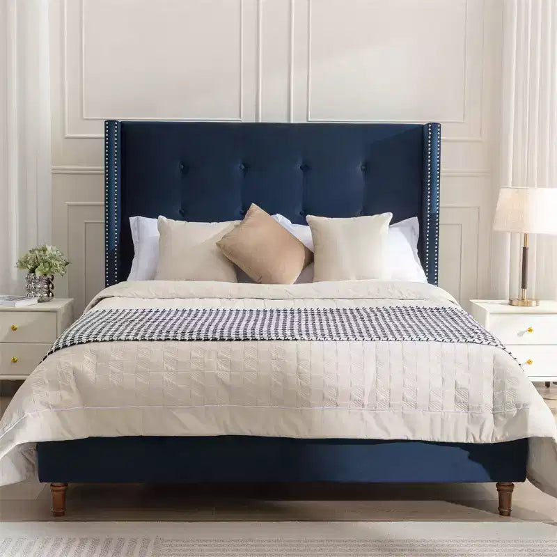 Upholstered Queen Bed, Platform Bed Frame / 54 High Headboard / Traditional Hand Buttoned Tufting / Nailhead Trim Wingback / No Box Spring Needed