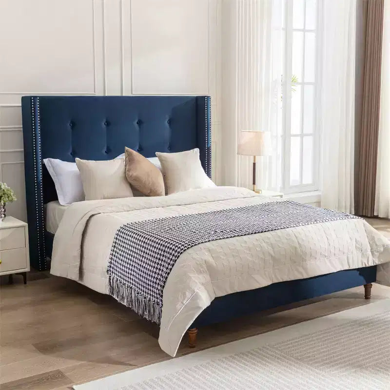 Upholstered Queen Bed Platform Frame with 54" Tufted Wingback Headboard