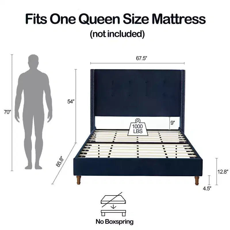 Upholstered Queen Bed Platform Frame with 54" Tufted Wingback Headboard