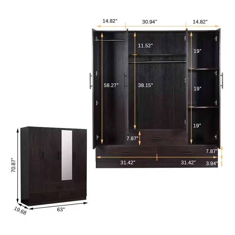 Brown Wood 62.99 in. Armoire with 3 Drawers and 6 Shelves