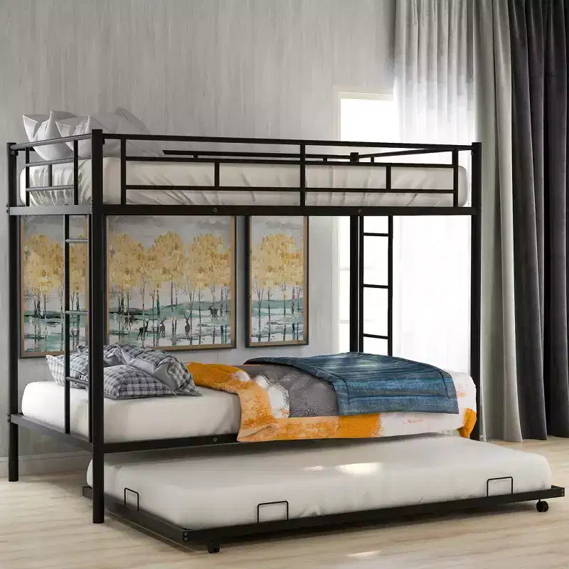 Whisen Metal Twin over Twin Bunk Bed with Trundle and 2 ladders