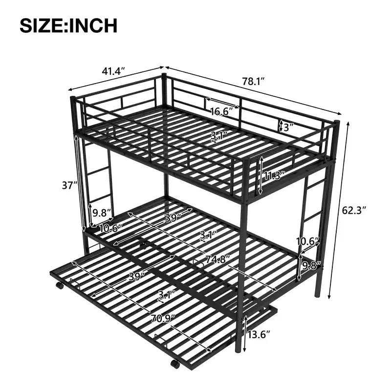 Metal Twin over Twin Bunk Bed with Trundle and 2 Ladders