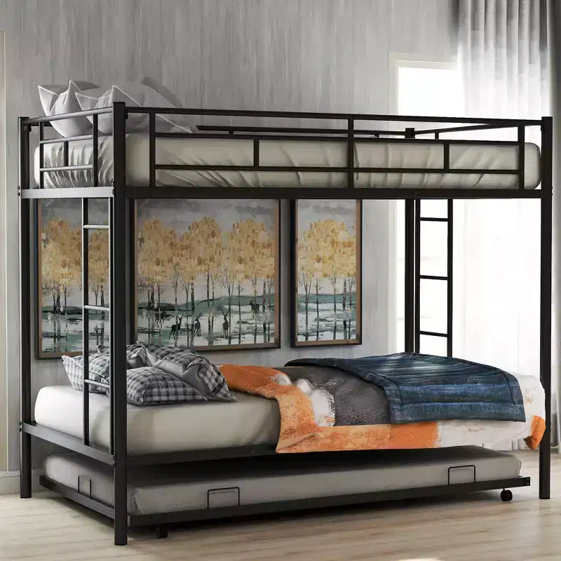 Metal Twin over Twin Bunk Bed with Trundle and 2 Ladders