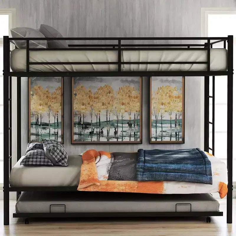 Metal Twin over Twin Bunk Bed with Trundle and 2 Ladders