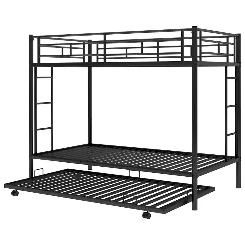 Metal Twin over Twin Bunk Bed with Trundle and 2 Ladders