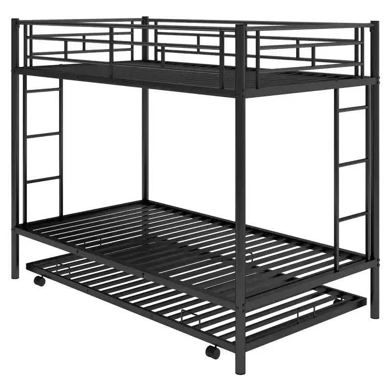 Metal Twin over Twin Bunk Bed with Trundle and 2 Ladders