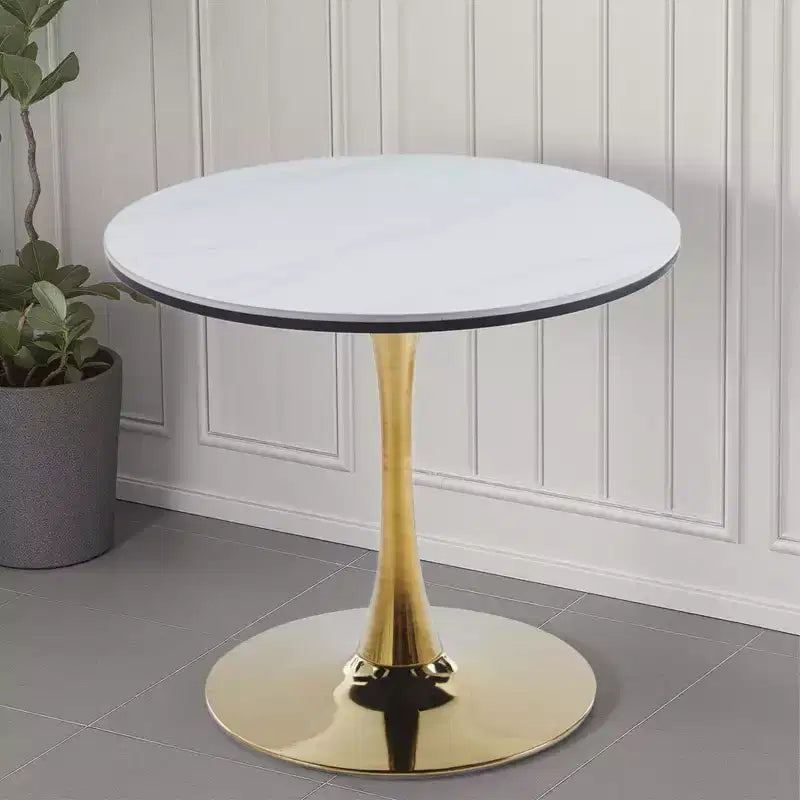 Gold & White Round Pedestal Dining Table (2-4), MDF & Ceramic, Mid-Century