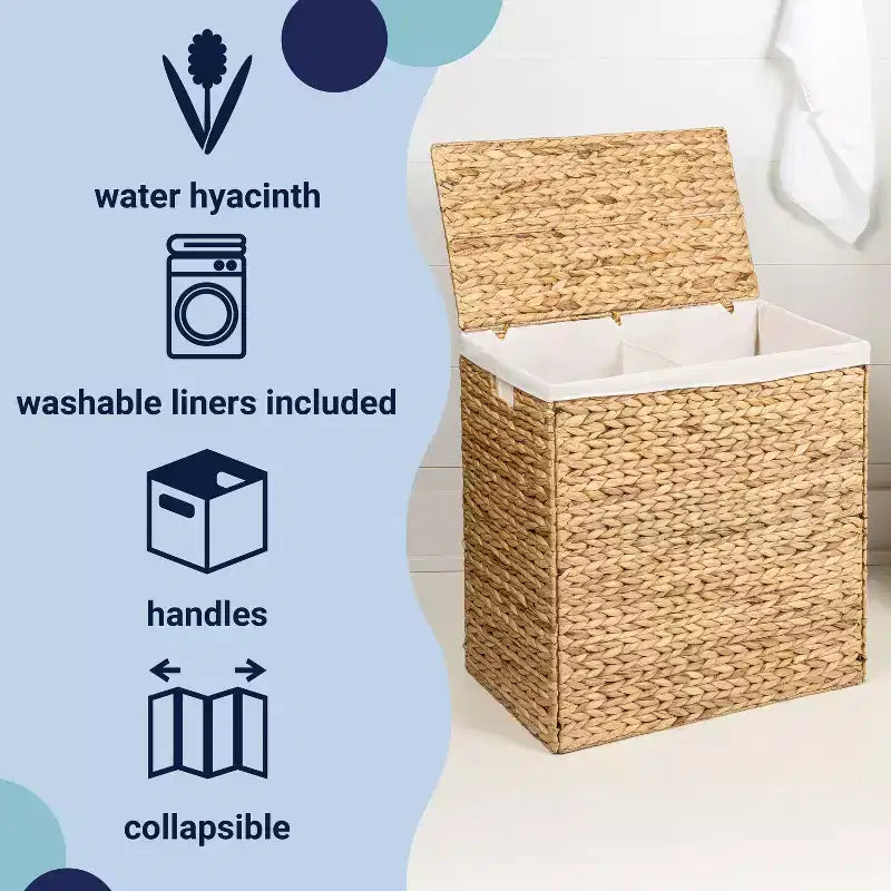 24-Inch Classic Farmhouse Handwoven Hyacinth 2-Section Collapsible Laundry Hamper with Washable Liner, Handles, and Lid