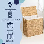 Panier à linge pliable en jacinthe tressée à la main de 61 cm, style ferme classique, 2 compartiments, avec doublure lavable, poignées et couvercle